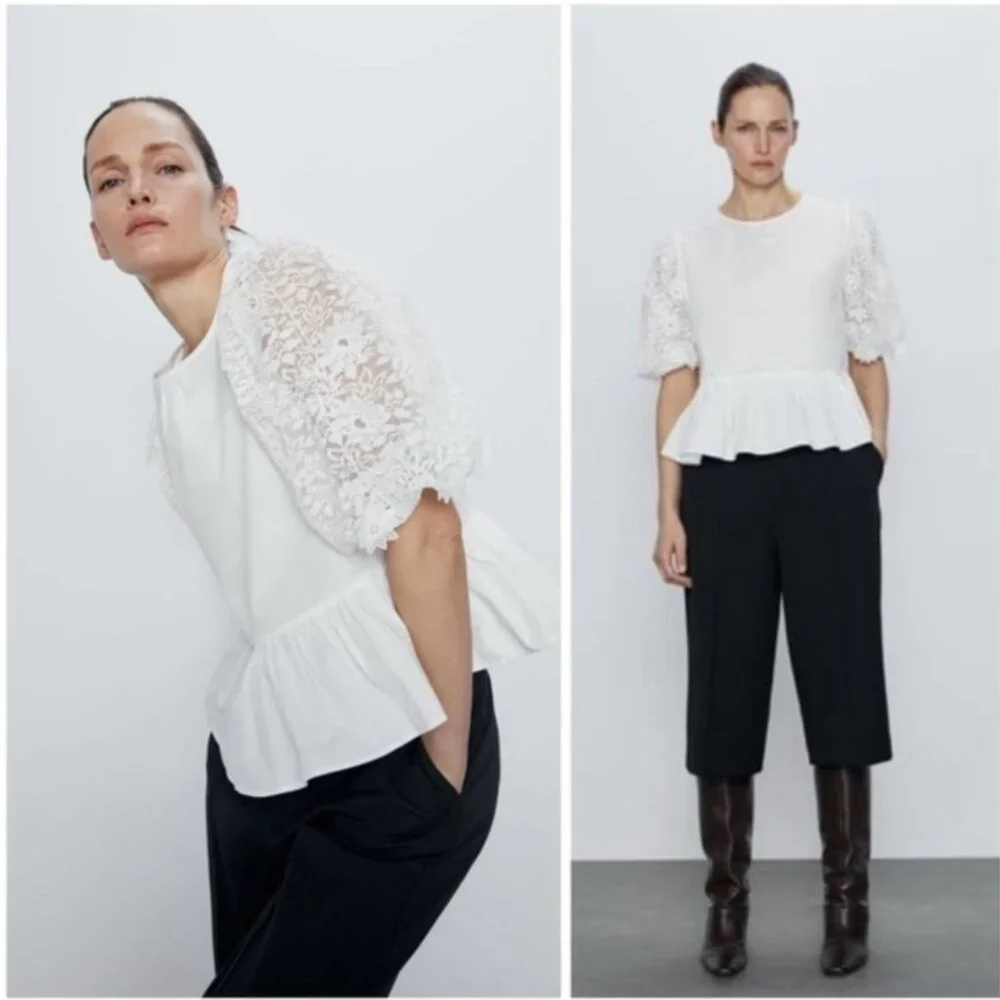 Zara White Embroidered Lace Sleeve Peplum Top